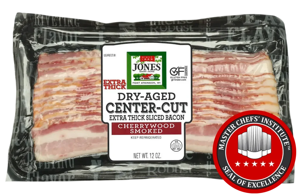 Jones Dairy Farm Cherrywood Smoked Dry-Aged Center-Cut Extra Thick Sliced Bacon, 12 oz. package, Certified Gluten-Free, MCI Master Chefs' Institute Seal of Excellence