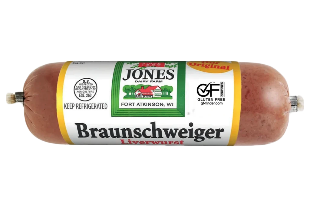 Jones Dairy Farm Original Braunschweiger Liverwurst chub, Certified Gluten-Free, made with premium dry aged bacon
