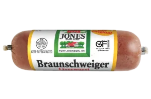 Jones Dairy Farm Original Braunschweiger Liverwurst chub, Certified Gluten-Free, made with premium dry aged bacon