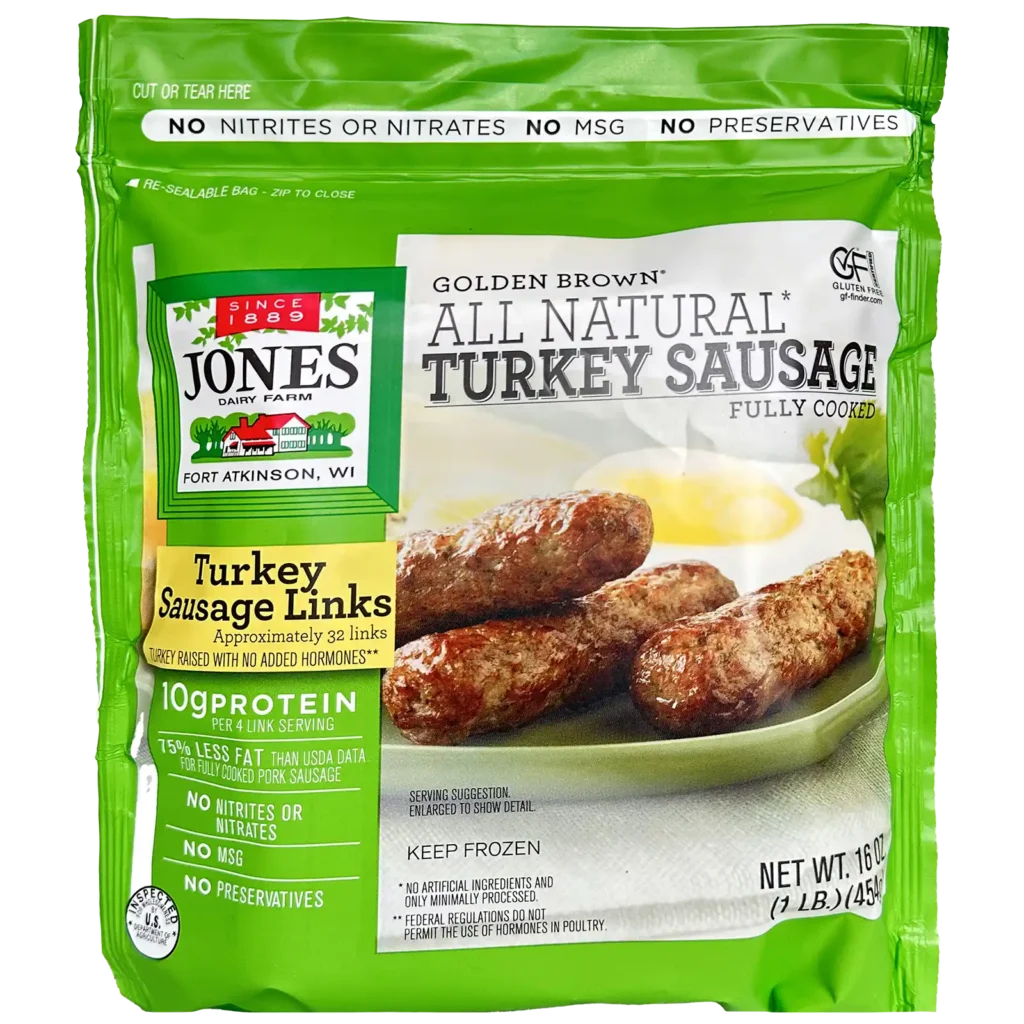 Jones Dairy Farm Golden Brown All Natural Turkey Sausage Links, fully cooked, 16 oz resealable bag with approximately 32 turkey sausage links. Gluten Free certified.