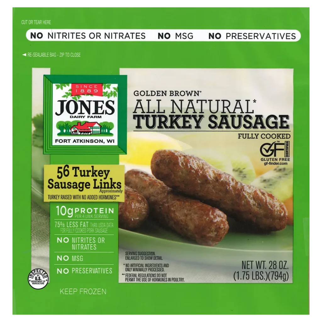 Jones Dairy Farm Golden Brown All Natural Turkey Sausage Links, fully cooked, 28 oz resealable bag with approximately 56 turkey sausage links. Gluten Free certified.
