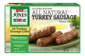 Jones Dairy Farm Golden Brown All Natural Turkey Sausage Links, fully cooked, 5 oz box with 10 turkey sausage links. Gluten Free certified.