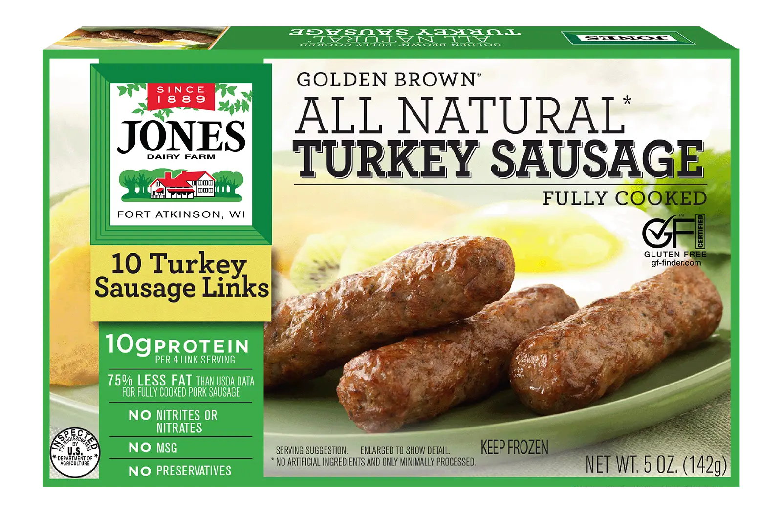 Jones Dairy Farm Golden Brown All Natural Turkey Sausage Links, fully cooked, 5 oz box with 10 turkey sausage links. Gluten Free certified.