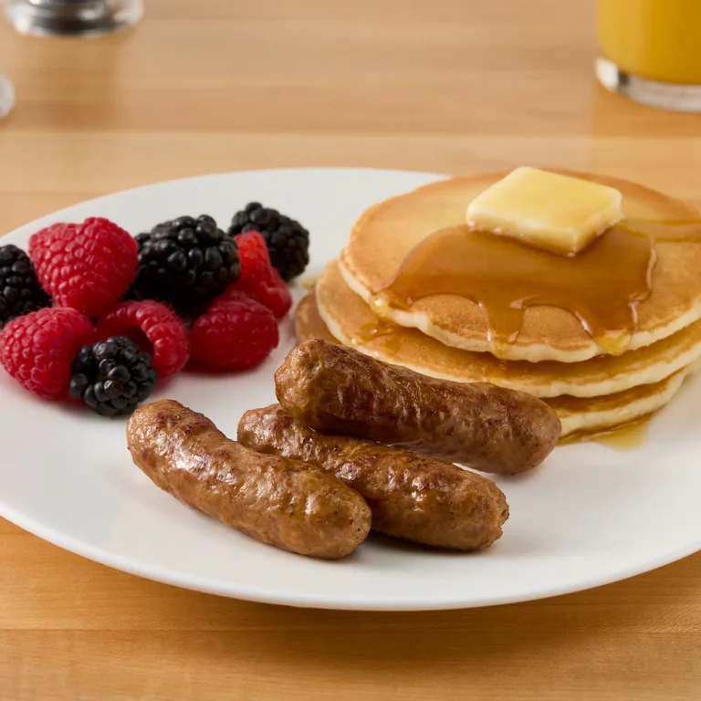2:34 PMClaude responded: A breakfast plate with three Jones Dairy Farm pork sausage links, a stack of pancakes topped with butter and maple syrup, and fresh raspberries and blackberrie…A breakfast plate with three Jones Dairy Farm pork sausage links, a stack of pancakes topped with butter and maple syrup, and fresh raspberries and blackberries, served alongside a glass of orange juice