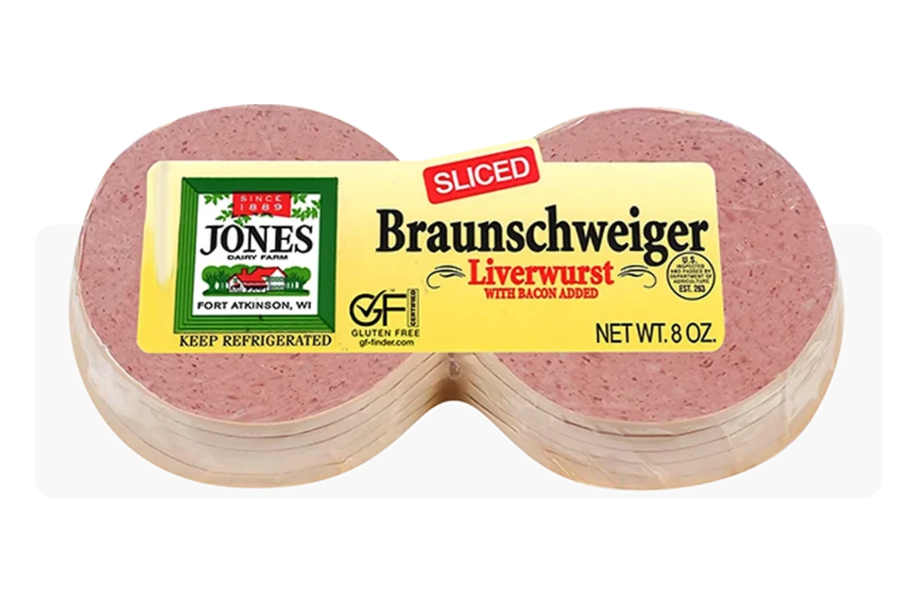 Jones Dairy Farm Sliced Braunschweiger Liverwurst with bacon added, 8 oz. package, Certified Gluten-Free