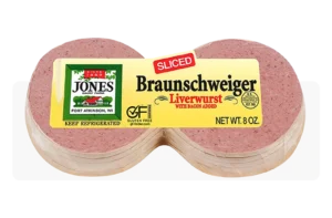 Jones Dairy Farm Sliced Braunschweiger Liverwurst with bacon added, 8 oz. package, Certified Gluten-Free
