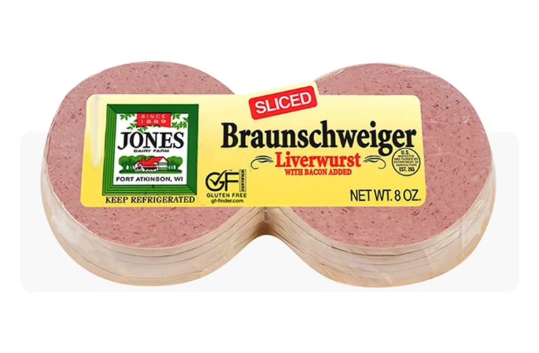 Jones Dairy Farm Sliced Braunschweiger Liverwurst with bacon added, 8 oz. package, Certified Gluten-Free