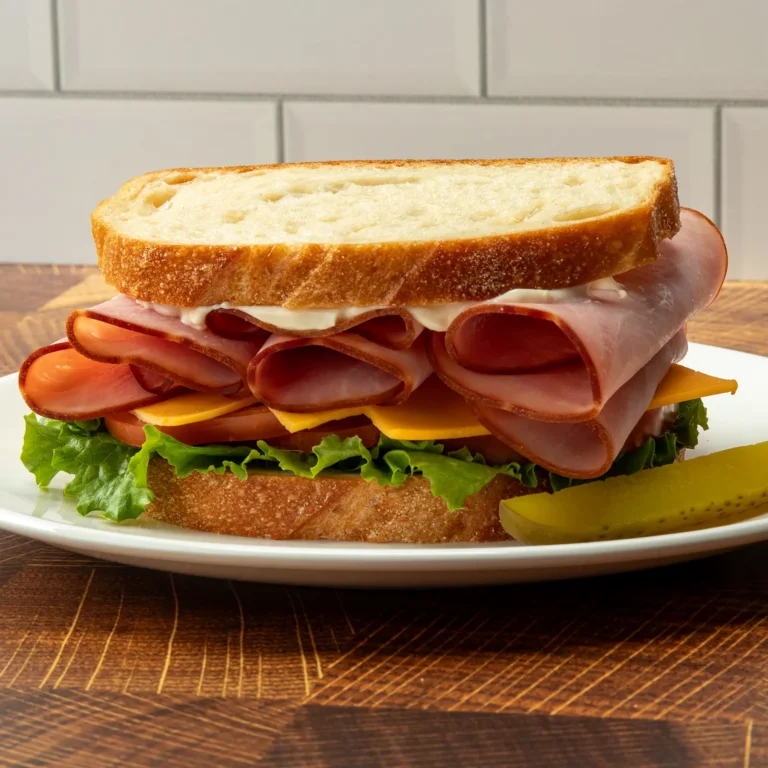 Jones Deli Sliced Ham sandwich with cheddar cheese, lettuce, and mayonnaise on thick-cut white bread with a dill pickle spear on the side