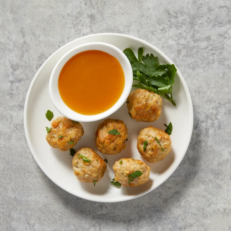 Six Jones Dairy Farm All Natural Chicken Meatballs garnished with fresh parsley, served on a white plate with a side of honey mustard dipping sauce
