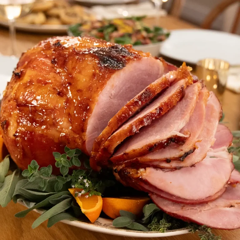 10:44 AMClaude responded: Jones Dairy Farm bone-in ham with a caramelized glaze, sliced and served on a platter with fresh herbs and orange for a carving station presentationJones Dairy Farm bone-in ham with a caramelized glaze, sliced and served on a platter with fresh herbs and orange for a carving station presentation