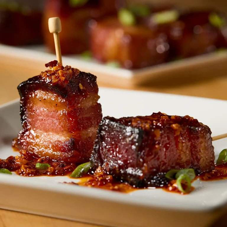 Jones Dairy Farm Cherrywood Smoked Dry Aged Bacon slab bites glazed and caramelized, skewered and plated as a shareable appetizer with scallions