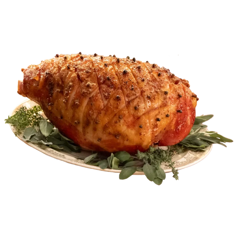 Jones Dairy Farm naturally smoked ham, scored and studded with cloves, served on a platter with fresh sage and thyme.