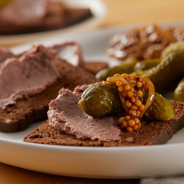 Jones Dairy Farm Braunschweiger spread on dark rye bread topped with cornichons and pickled mustard seeds