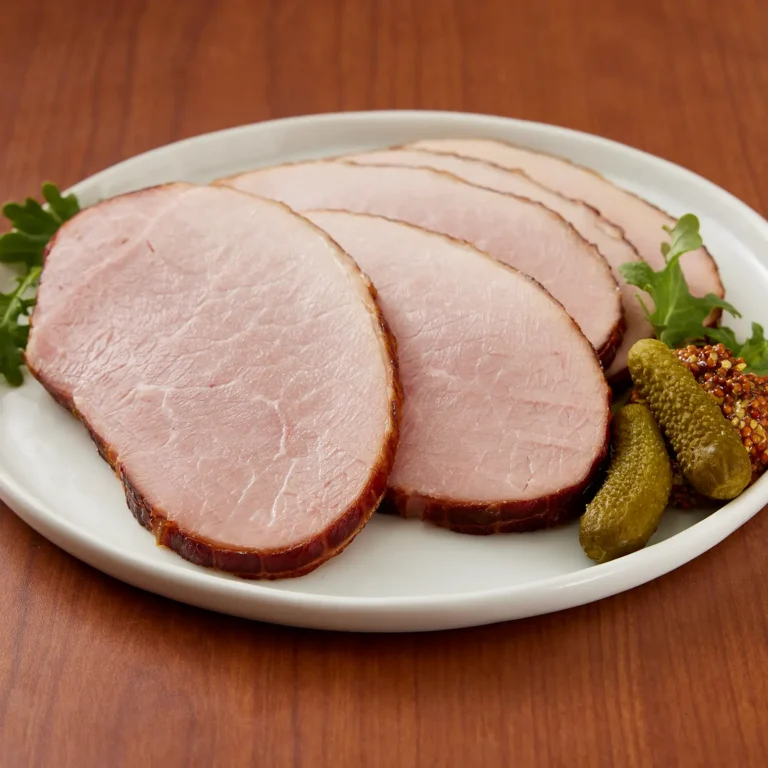 Jones Dairy Farm Heritage Uncured Ham sliced and plated with cornichons and fresh herb garnish