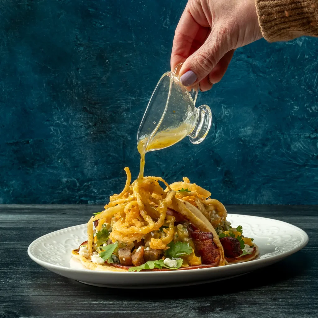 The Hogfather breakfast taco with Jones bacon, sausage, and ham topped with crispy onions, scrambled eggs, queso fresco, and cilantro, with salsa verde being poured tableside