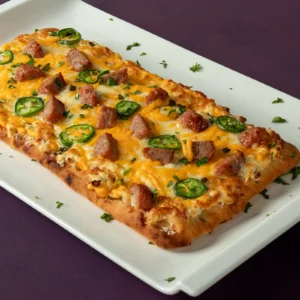 Jalapeño Popper Pizza with Jones Pork and Bacon Meatballs, melted mozzarella, cheddar, parmesan, fresh jalapeños, and chopped cilantro on a golden crust