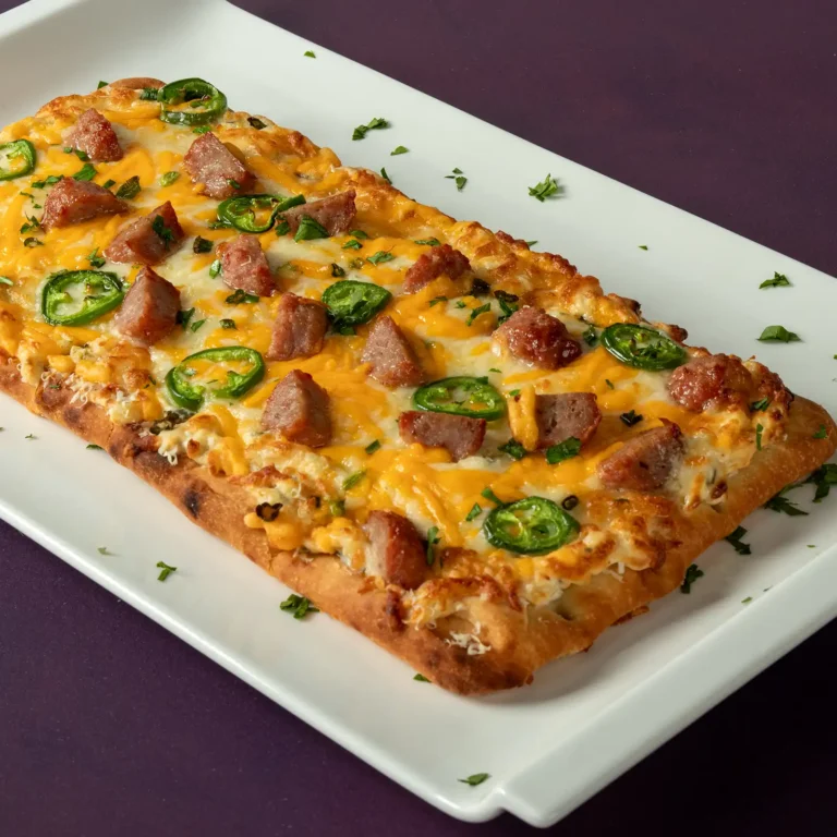 Jalapeño Popper Pizza with Jones Pork and Bacon Meatballs, melted mozzarella, cheddar, parmesan, fresh jalapeños, and chopped cilantro on a golden crust