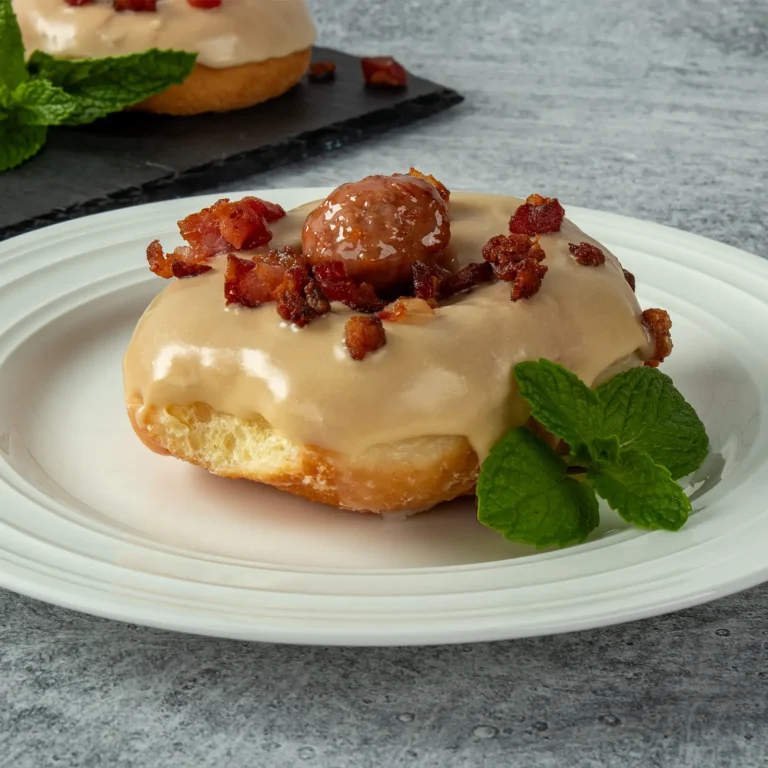 Maple-glazed yeast donut topped with crispy bacon crumbles and a Jones Dairy Farm pork and bacon meatball on a white plate with fresh mint garnish.