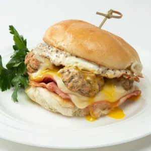 Morning Smash Stack breakfast sandwich with Jones chicken meatballs, Cherrywood smoked ham, melted Gruyère, a fried egg, and stone ground mustard aioli on a toasted roll