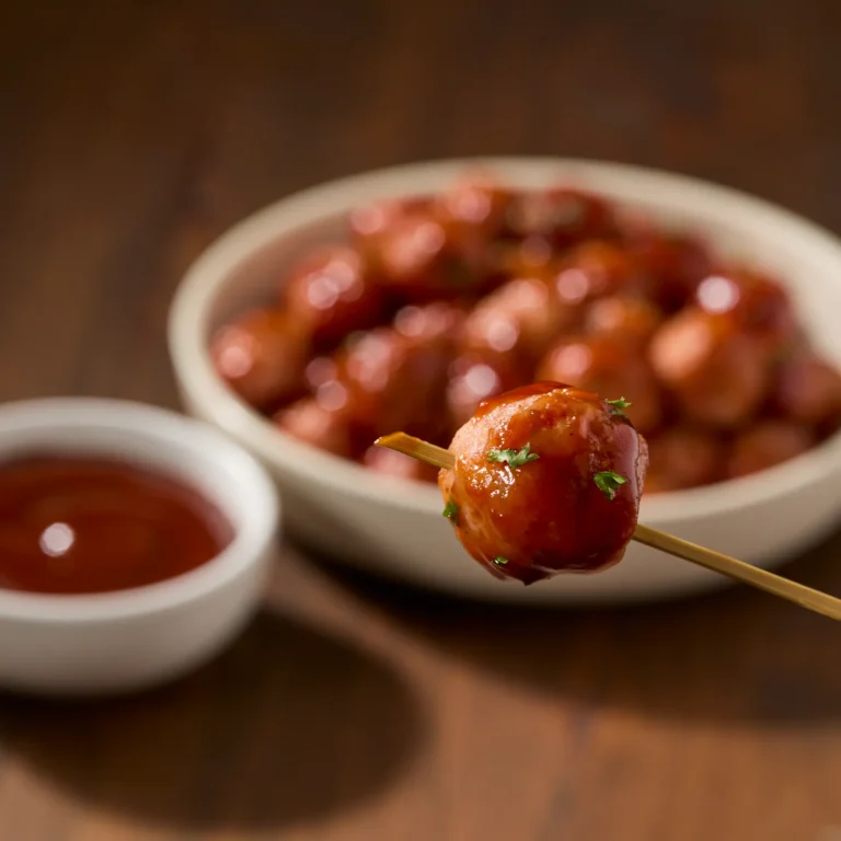Jones Dairy Farm pork and bacon meatballs glazed in BBQ sauce, served on a bamboo skewer with a dipping bowl of BBQ sauce on a wooden surface