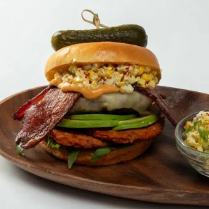 A tall stacked burger on a wood plate featuring a Jones Chicken Chorizo Sausage Patty, Jones Dry Aged Bacon, avocado slices, melted pepper jack, elote, and chipotle mayo on a toasted brioche bun, served with a side of elote and a pickle spear.