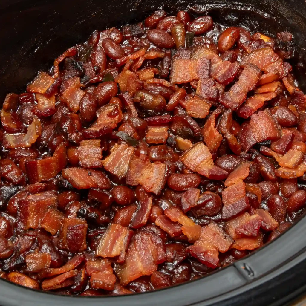 Close-up of smoky bacon baked beans in a slow cooker insert.