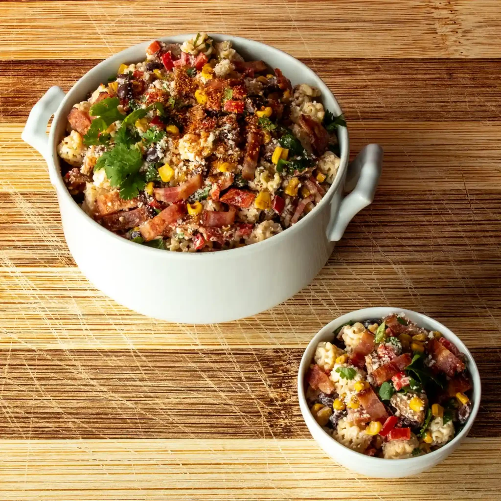 Overhead view of street corn pasta salad with bacon in a white handled bowl and individual serving bowl, garnished with cilantro, Cotija cheese, and Tajin, on a bamboo surface.