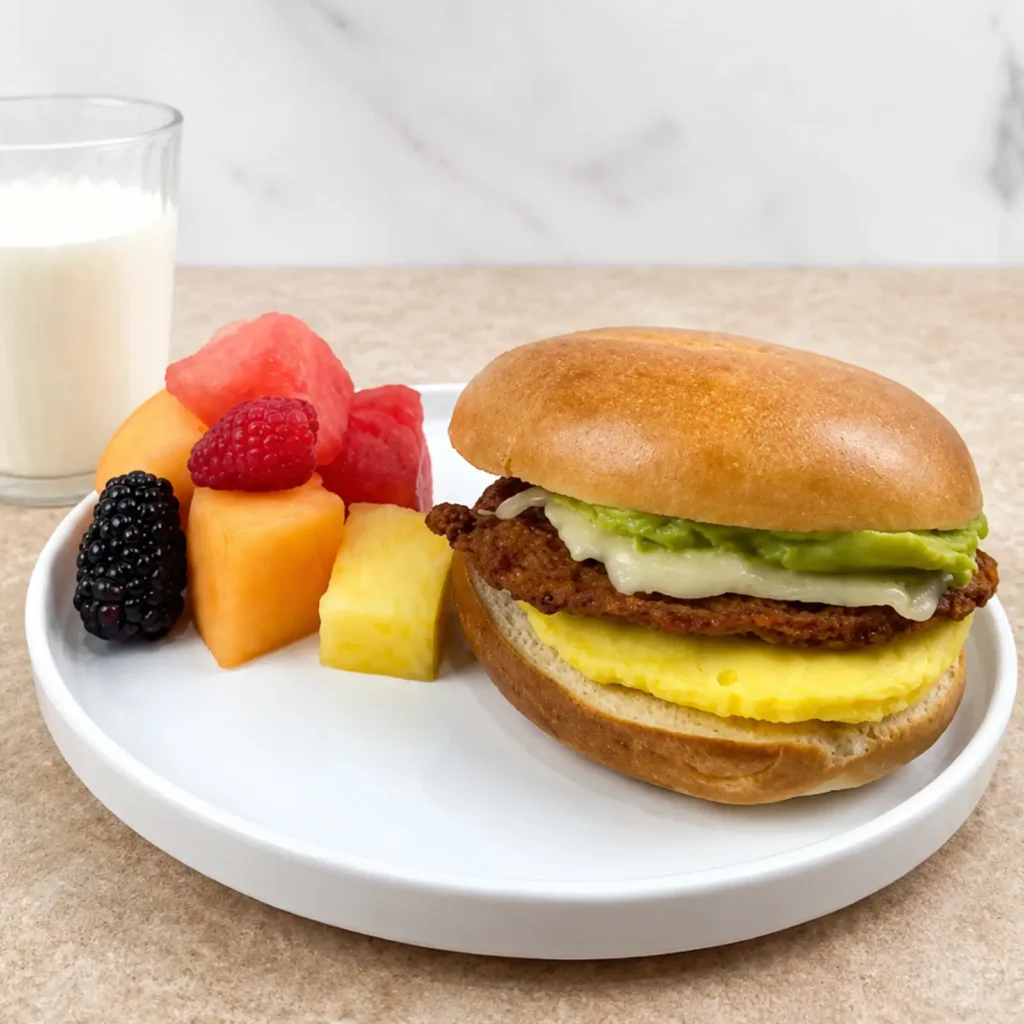 Jones Chicken Chorizo Sausage Brunch Bagel with egg patty, pepper jack cheese, and guacamole, served with fresh fruit and milk on a white plate