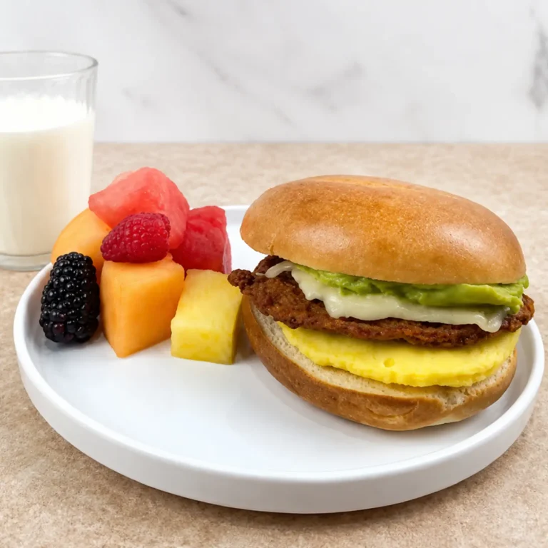 Jones Chicken Chorizo Sausage Brunch Bagel with egg patty, pepper jack cheese, and guacamole, served with fresh fruit and milk on a white plate