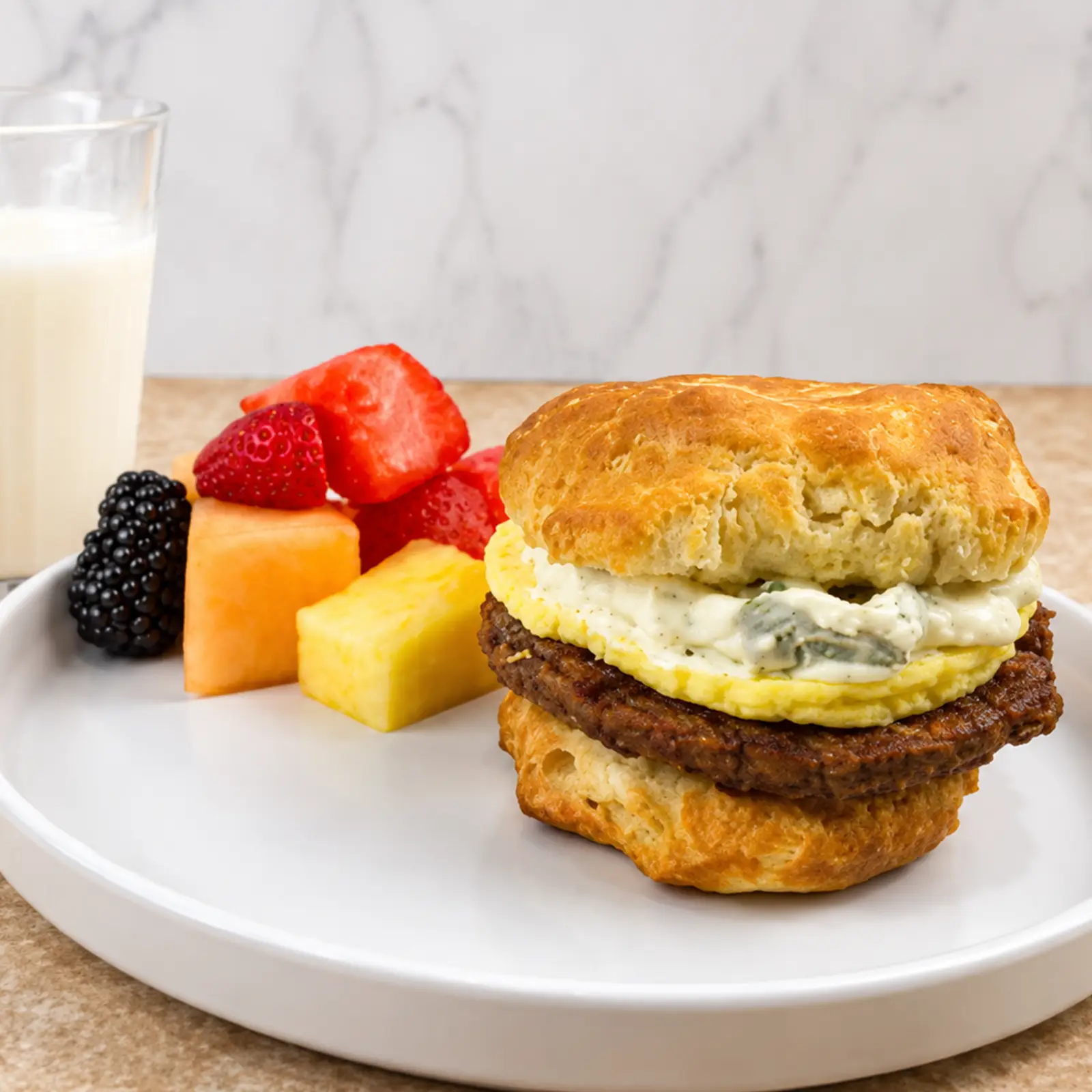 Jones Pork Sausage Biscuit with egg patty and jalapeño cream cheese spread, served with fresh fruit and milk on a white plate