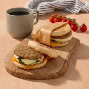 Two make-ahead breakfast sausage sandwiches on toasted English muffins with egg, spinach, and cheddar cheese, sitting on a wooden board next to a mug of black coffee and a bunch of cherry tomatoes, with one sandwich partially wrapped in parchment paper.