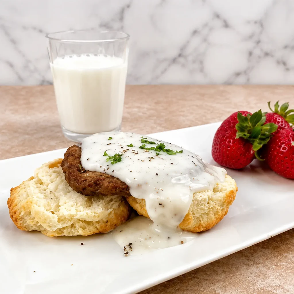 Jones Pork Sausage Patty on a split biscuit topped with country gravy and fresh herbs, served with strawberries and milk on a white plate