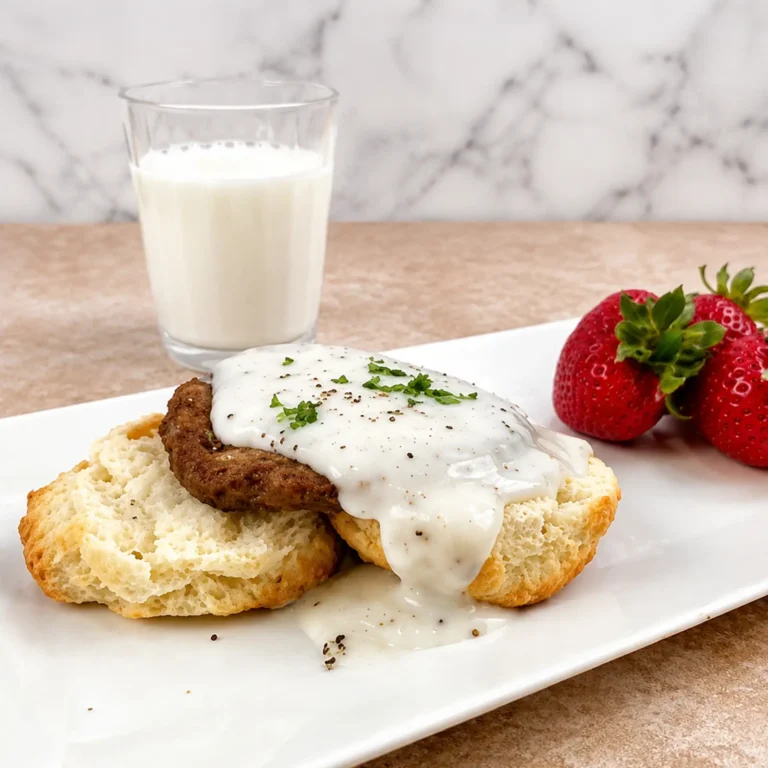 Jones Pork Sausage Patty on a split biscuit topped with country gravy and fresh herbs, served with strawberries and milk on a white plate