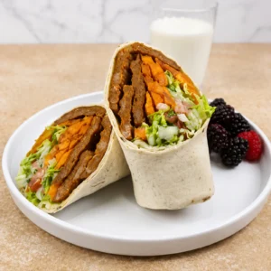 Jones Chicken Chorizo Sausage and sweet potato wrap cut in half to show filling of sausage, sweet potato fries, romaine, and pico de gallo, served with fresh berries and milk on a white plate