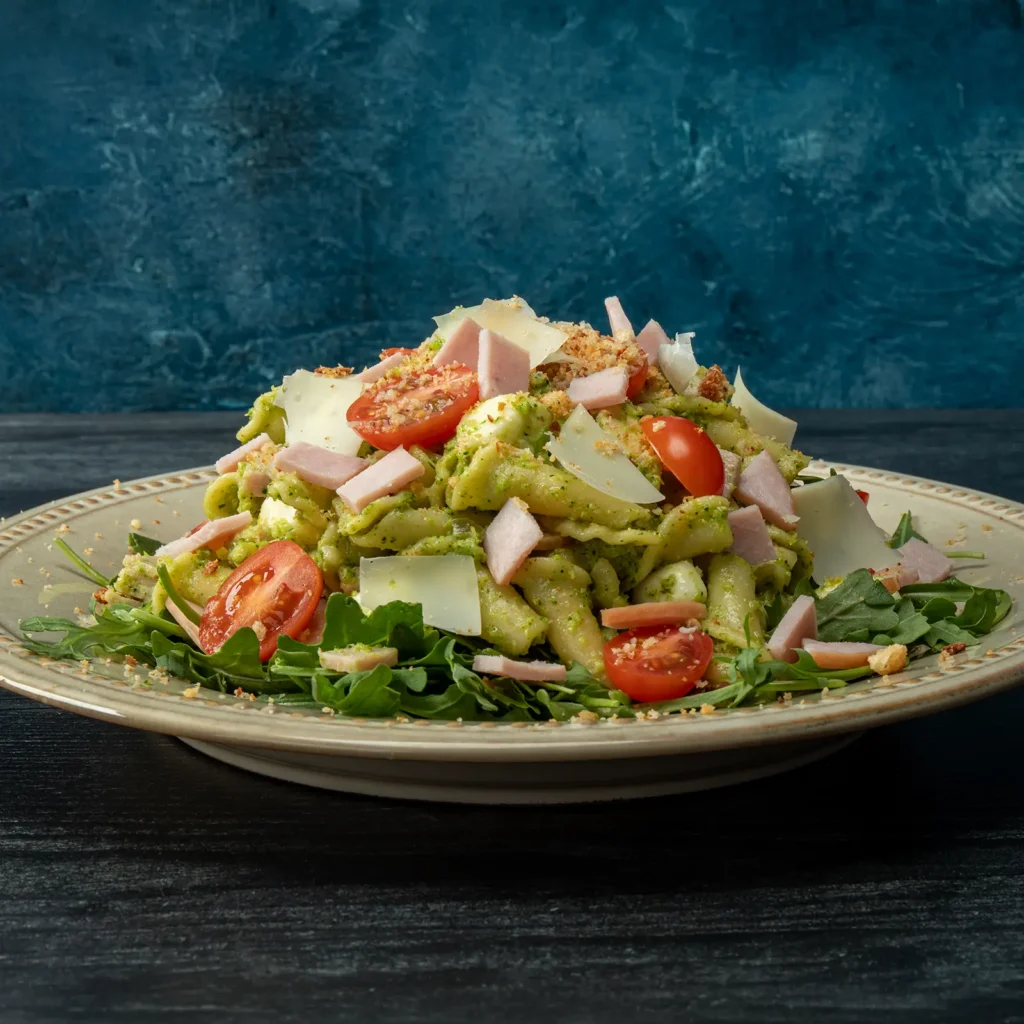 plate of spring pesto pasta with Canadian bacon, topped with halved cherry tomatoes, shaved Pecorino Romano, diced Jones Dairy Farm Canadian Bacon, and toasted breadcrumbs, served over a bed of fresh baby arugula.