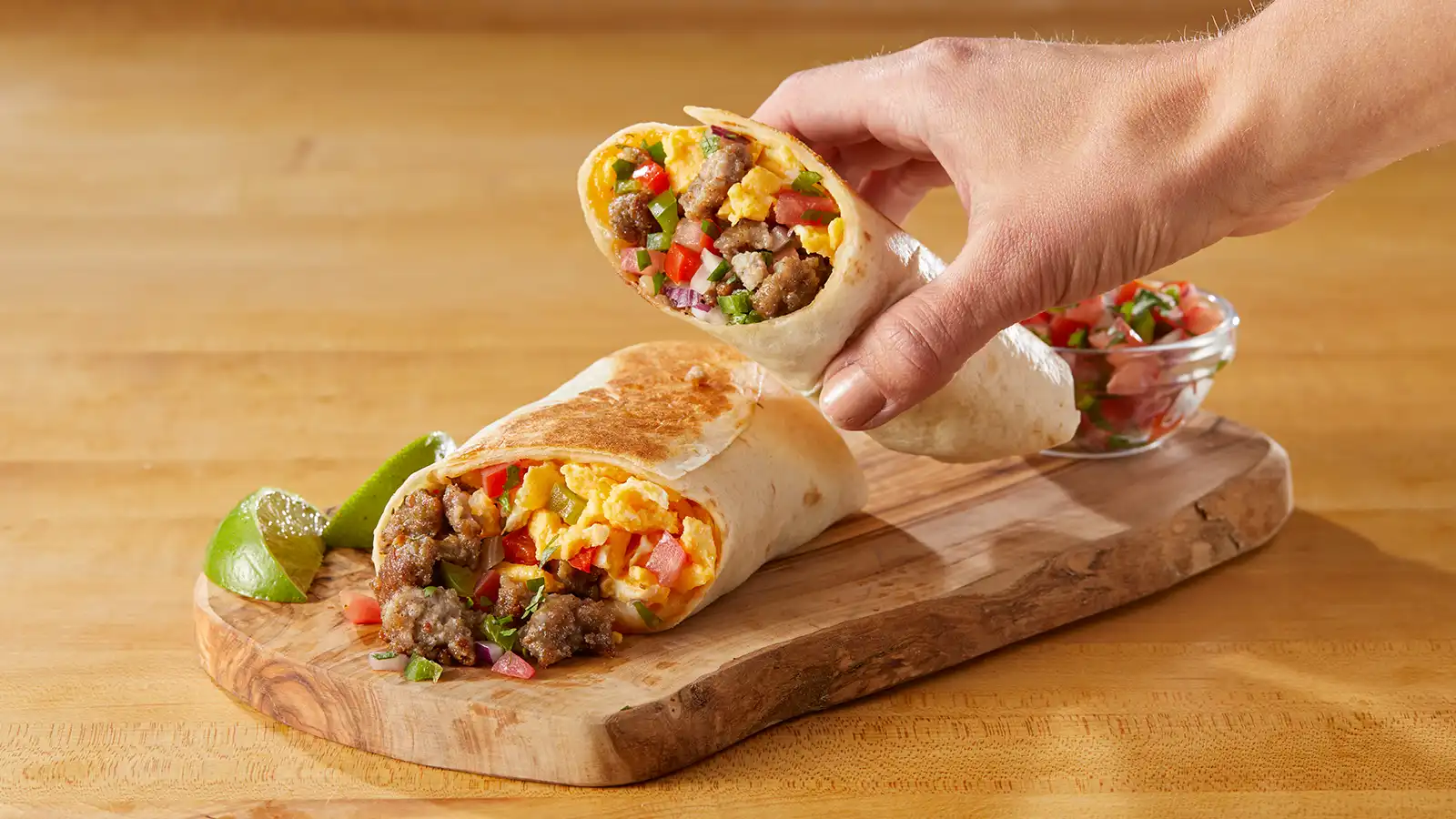 Make-ahead breakfast burrito sliced open, showing scrambled eggs, sausage, and peppers, served with pico de gallo and lime.