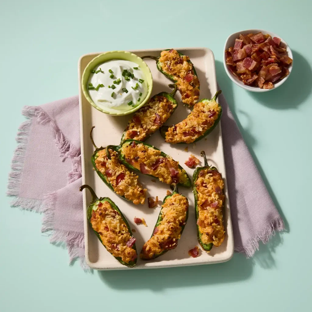 Bacon-stuffed jalapeño poppers arranged on a rectangular plate with a bowl of chive sour cream dip and a side of crumbled bacon.