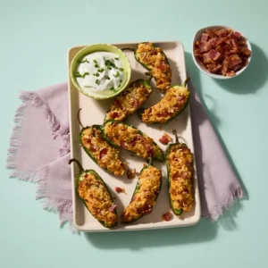 Bacon-stuffed jalapeño poppers arranged on a rectangular plate with a bowl of chive sour cream dip and a side of crumbled bacon.