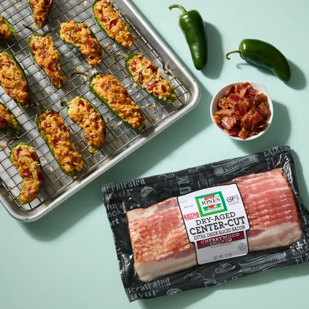 Air fryer jalapeño poppers stuffed with cheese and bacon, cooling on a wire rack next to fresh jalapeños, a bowl of crumbled bacon, and a package of Jones Dairy Farm Extra Thick Center-Cut Bacon.