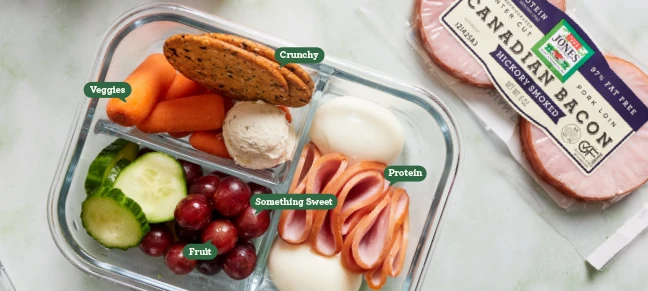 Bento-style lunchbox with Jones Canadian bacon, hard-boiled egg, grapes, cucumber, carrots, and a cookie, labeled with the lunchbox formula: protein, veggies, fruit, crunchy, and something sweet.