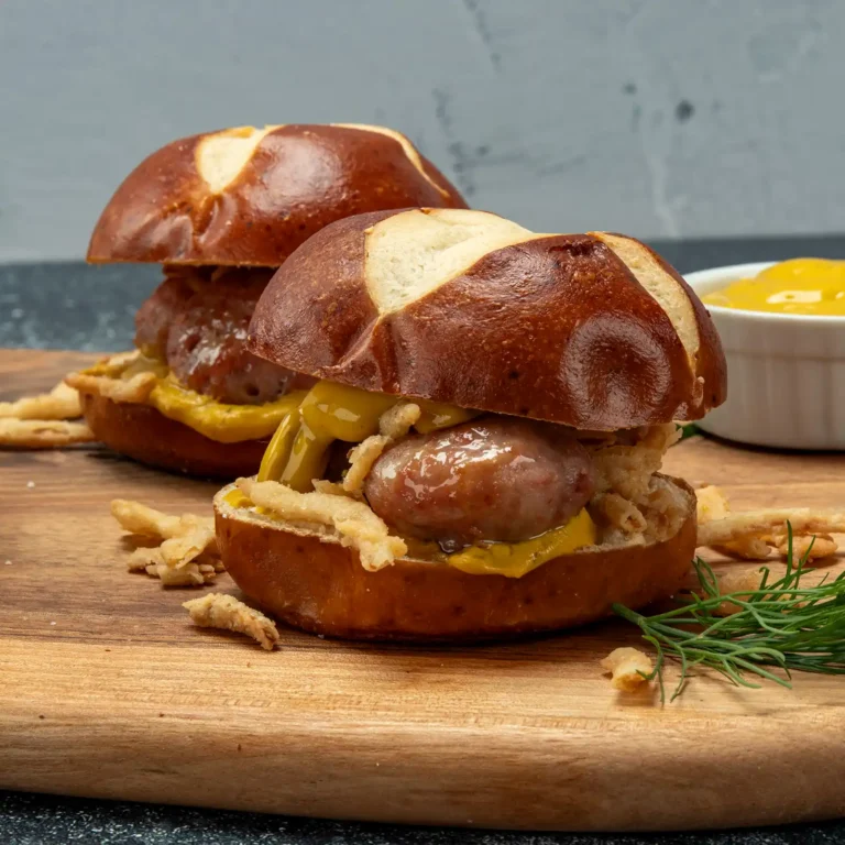 Pretzel bun slider with three Jones Pork and Bacon Meatballs, dill pickle mustard, and crispy fried haystack onions