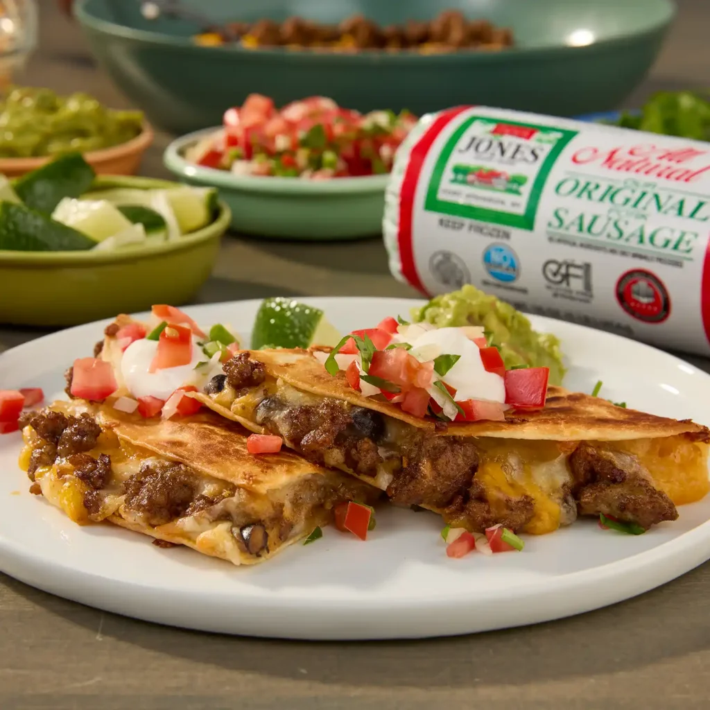 Baked sausage quesadillas cut in half on a white plate, showing melted cheese, sausage, and black beans, topped with pico de gallo and sour cream, with guacamole and a Jones sausage roll in the background.