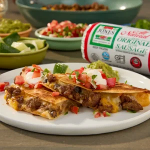 Baked sausage quesadillas cut in half on a white plate, showing melted cheese, sausage, and black beans, topped with pico de gallo and sour cream, with guacamole and a Jones sausage roll in the background.