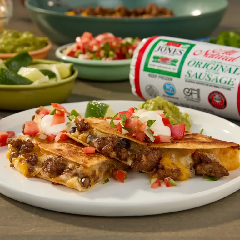 Baked sausage quesadillas cut in half on a white plate, showing melted cheese, sausage, and black beans, topped with pico de gallo and sour cream, with guacamole and a Jones sausage roll in the background.