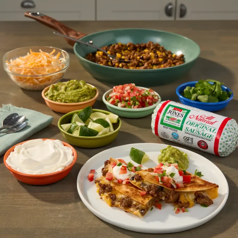 Overhead view of baked sausage quesadillas on a plate surrounded by toppings, including guacamole, pico de gallo, sour cream, lime wedges, and cilantro, with a skillet of sausage filling and a Jones sausage roll in the background.