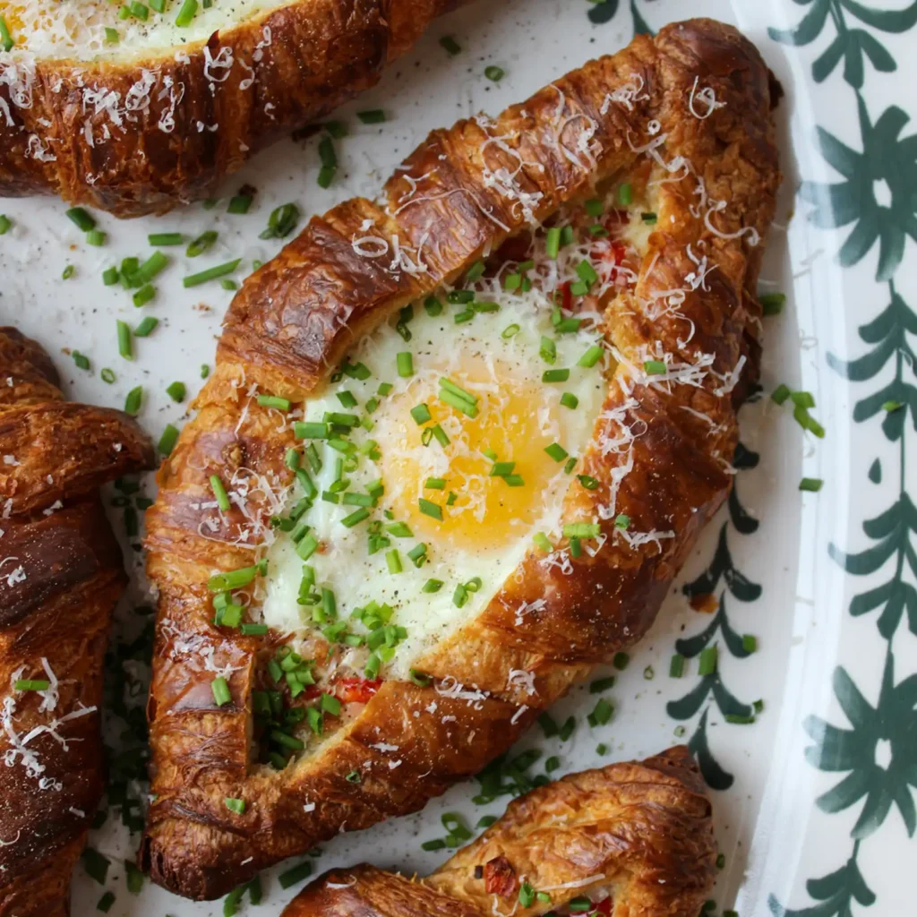 Close-up of a croissant boat with a baked egg, melted parmesan, chives, and diced red pepper, showing the runny yolk and flaky pastry.
