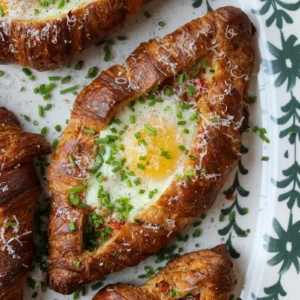 Close-up of a croissant boat with a baked egg, melted parmesan, chives, and diced red pepper, showing the runny yolk and flaky pastry.