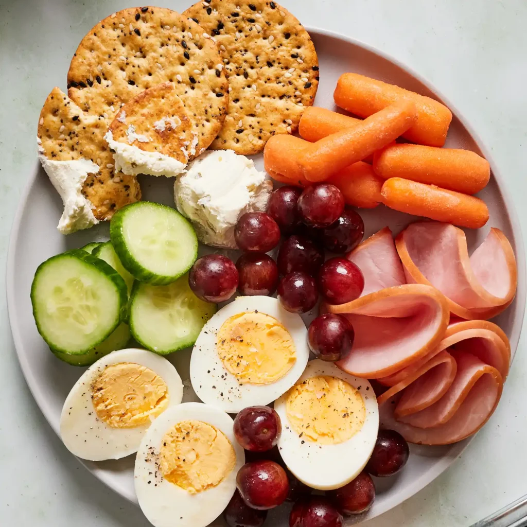 A high protein snack plate with Jones Canadian bacon, hard-boiled eggs, whipped cream cheese, crackers, carrots, cucumber slices, and grapes, arranged in sections.