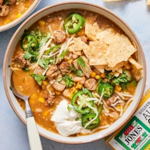 A bowl of creamy white chicken sausage chili with tortilla chips, cheese, jalapeño, sour cream, and cilantro, next to a box of Jones Golden Brown Chicken Sausage.