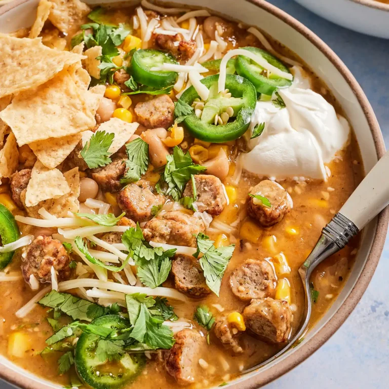 Close-up of creamy white chicken sausage chili topped with tortilla chips, shredded cheese, jalapeño, cilantro, and sour cream.
